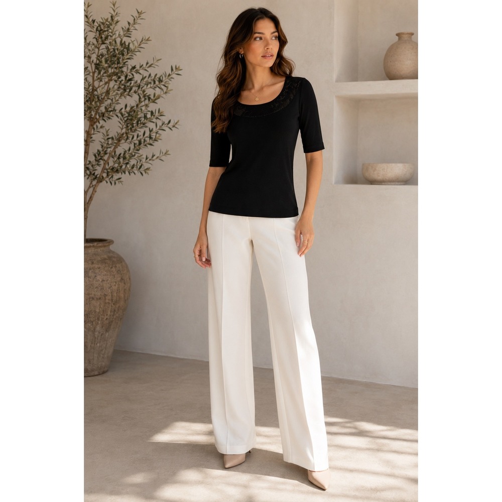 St.‎ John Caviar Black Embellished Scoop Neck Top Petite P Stretch 3/4 Sleeve